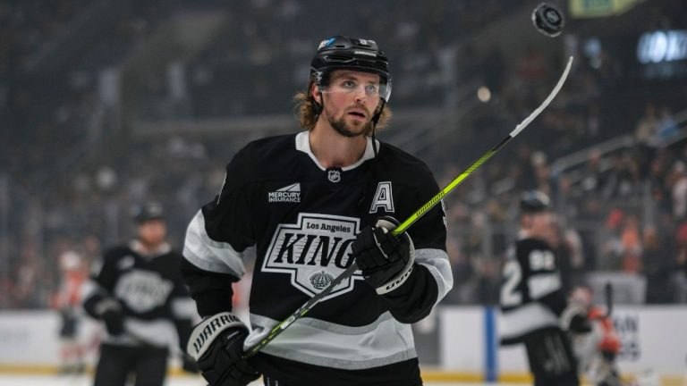 Los Angeles Kings right wing Adrian Kempe (9) juggles a puck during warmups before an NHL hockey game against the Philadelphia Flyers, Sunday, Dec. 29, 2024, in Los Angeles. (William Liang/AP)