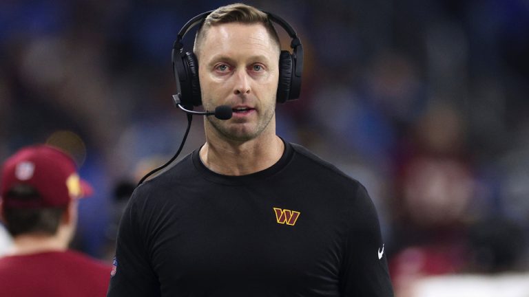 Washington Commanders offensive coordinator Kliff Kingsbury watches against the Detroit Lions during the first half of an NFL football divisional playoff game, Saturday, Jan. 18, 2025, in Detroit. (Mike Mulholland/AP)