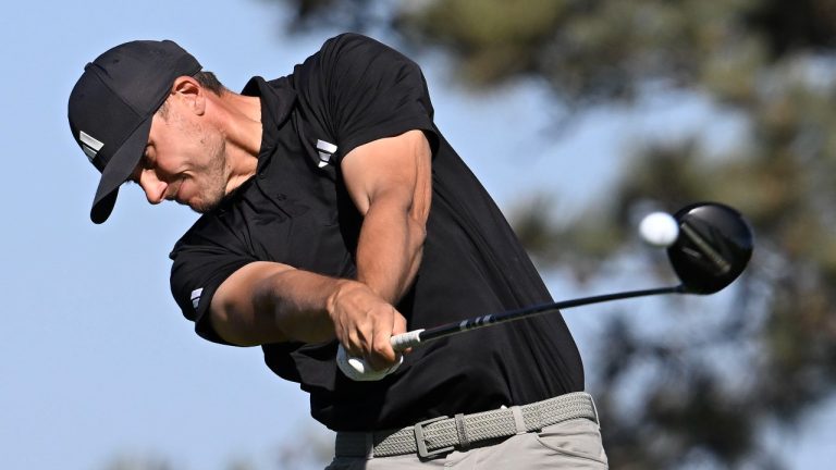 Ludvig Aberg hits his tee shot on the fifth hole on the South Course at Torrey Pines during the second round of the Farmers Insurance Open golf tournament Thursday, Jan. 23, 2025, in San Diego. (AP Photo/Denis Poroy)
