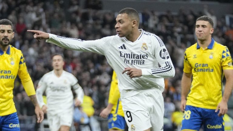 Real Madrid's Kylian Mbappe celebrates after scoring a goal against Las Palmas during a Spanish La Liga soccer match at the Santiago Bernabeu Stadium in Madrid, Spain, Sunday, Jan. 19, 2025. (Bernat Armangue/AP)