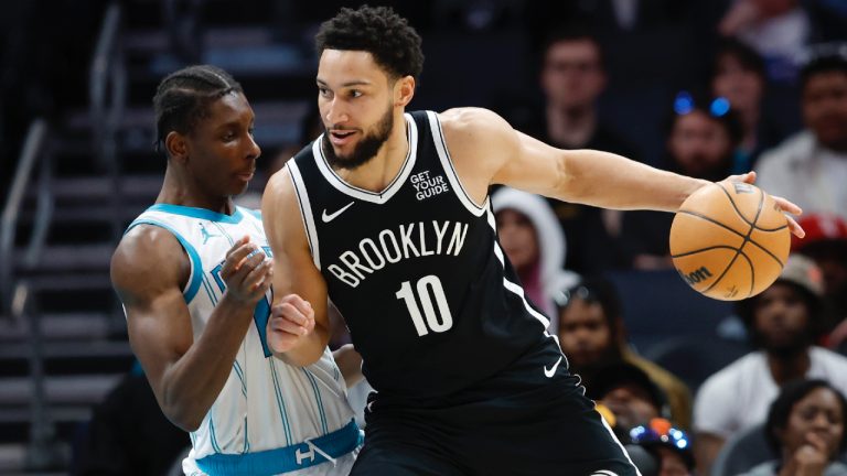 Brooklyn Nets guard Ben Simmons (10) drives into Charlotte Hornets forward Moussa Diabate during the first half of an NBA basketball game in Charlotte, N.C., Wednesday, Jan. 29, 2025. (Nell Redmond/AP)