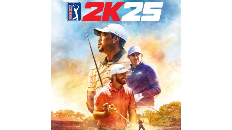 This image provided by PGA TOUR 2K shows the cover of PGA Tour 2K25 featuring Max Homa, Matt Fitzpatrick and Tiger Woods. (PGA TOUR 2K via AP)