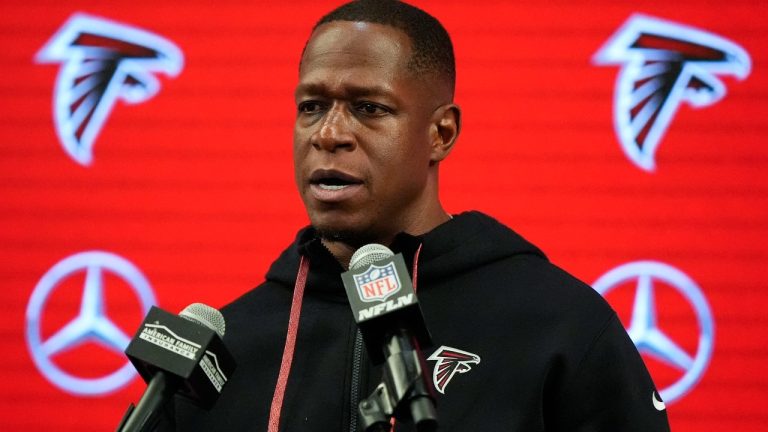 Atlanta Falcons head coach Raheem Morris speaks after an NFL game against the Carolina Panthers, Sunday, Jan. 5, 2025, in Atlanta. (AP Photo/Mike Stewart)