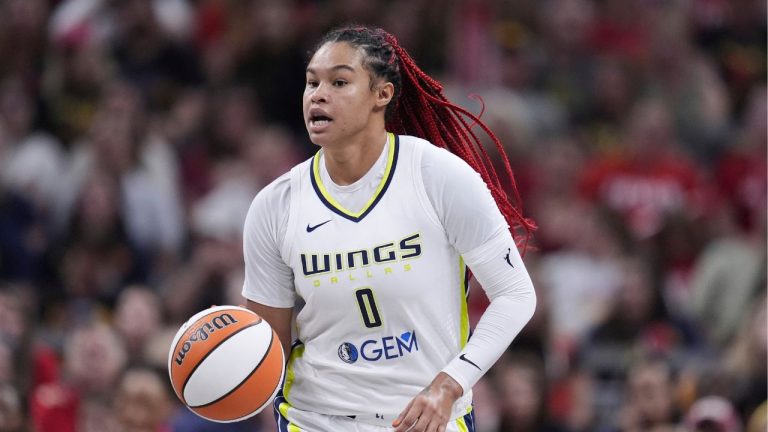 Dallas Wings forward Satou Sabally (0) plays against the Indiana Fever in the first half of a WNBA basketball game in Indianapolis, Sunday, Sept. 15, 2024. (Michael Conroy/AP)