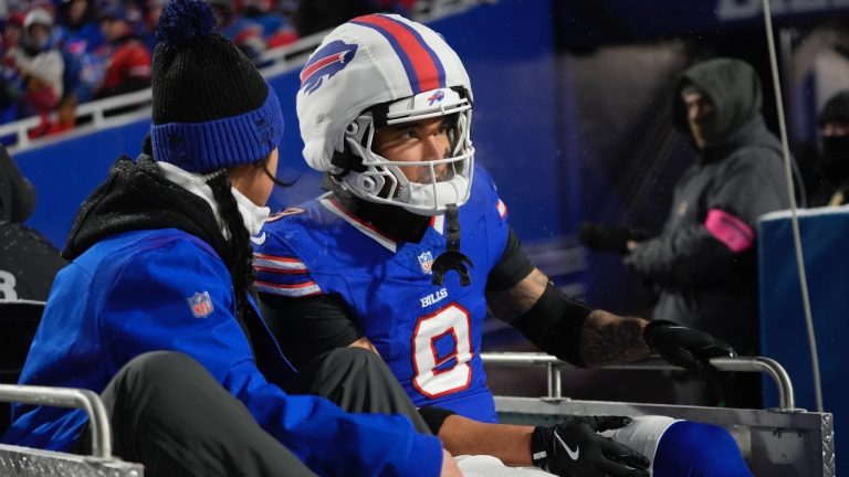 Buffalo Bills safety Taylor Rapp is taken off the field after an injury during an NFL divisional playoff game against the Baltimore Ravens, Sunday, Jan. 19, 2025, in Orchard Park, N.Y. (AP/Frank Franklin II)