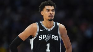 San Antonio Spurs center Victor Wembanyama (1) in the second half of an NBA basketball game Friday, Jan. 3, 2025, in Denver. (AP Photo/David Zalubowski)
