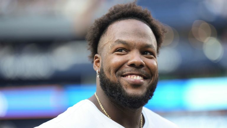 Toronto Blue Jays' Vladimir Guerrero Jr. smiles during a post game interview after defeating the St. Louis Cardinals in interleague MLB baseball action in Toronto, Saturday, September 14, 2024. (Chris Young/CP)