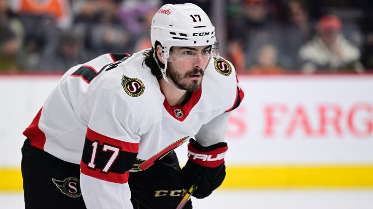 Ottawa Senators' Zack MacEwen in action during an NHL game against the Philadelphia Flyers, Sunday, Jan. 21, 2024, in Philadelphia. (AP/Derik Hamilton)