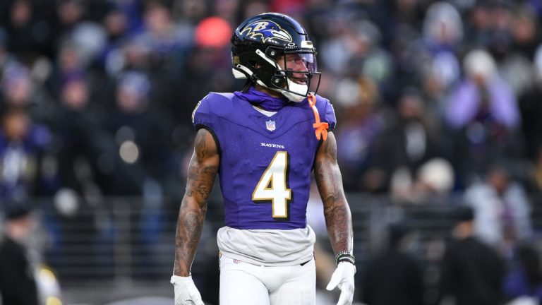 Baltimore Ravens wide receiver Zay Flowers (4) looks on during the first half of an NFL football game. (Terrance Williams/AP)