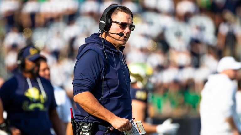 Notre Dame defensive coordinator Al Golden looks towards the field during the first half of an NCAA college football game against Stanford, Saturday, Oct. 12, 2024, in South Bend, Ind. (Michael Caterina/AP)