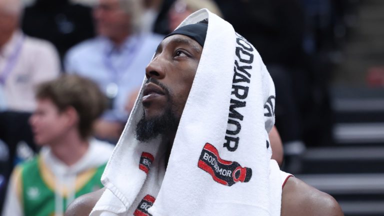 Miami Heat centre Bam Adebayo looks on during the first half of an NBA basketball game against the Utah Jazz, Thursday, Jan. 9, 2025, in Salt Lake City. (Rob Gray/AP)