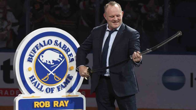 Buffalo Sabres alumni Rob Ray is inducted into the Buffalo Sabres Hall of Fame prior to an NHL hockey game against the Nashville Predators, Friday, Jan. 31, 2025, in Buffalo, N.Y. (Jeffrey T. Barnes/AP)