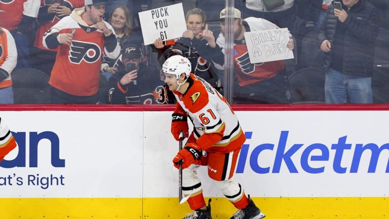 Anaheim Ducks' Cutter Gauthier skates during warm-ups prior to an NHL hockey game against the Philadelphia Flyers, Saturday, Jan. 11, 2025, in Philadelphia. (Derik Hamilton/AP)