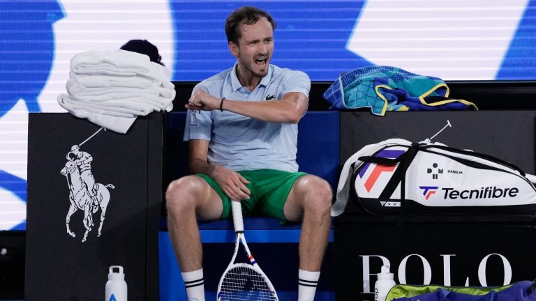 Daniil Medvedev of Russia reacts during his second-round match against Learner Tien of the U.S. at the Australian Open tennis championship in Melbourne, Australia, Thursday, Jan. 16, 2025. (Ng Han Guan/AP)