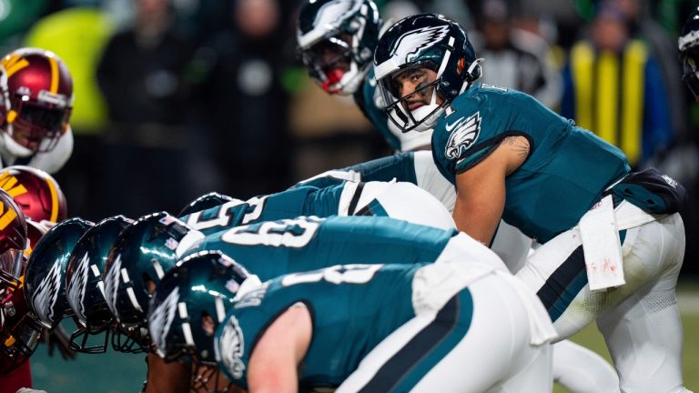Philadelphia Eagles quarterback Jalen Hurts (1) lines up for the goal line Tush Push play during the NFL championship playoff football game against the Washington Commanders, Sunday, Jan. 26, 2025, in Philadelphia. (Chris Szagola/AP)