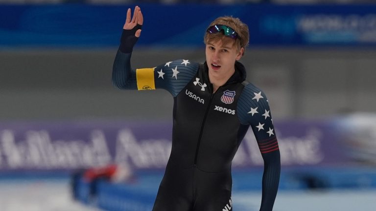 Gold medallist Jordan Stolz of the United States reacts after winning the Men 500m 2nd race of the ISU World Cup Speed Skating Beijing 2024 held at the National Speed Skating Oval in Beijing, Sunday, Dec. 1, 2024. (Ng Han Guan/AP)