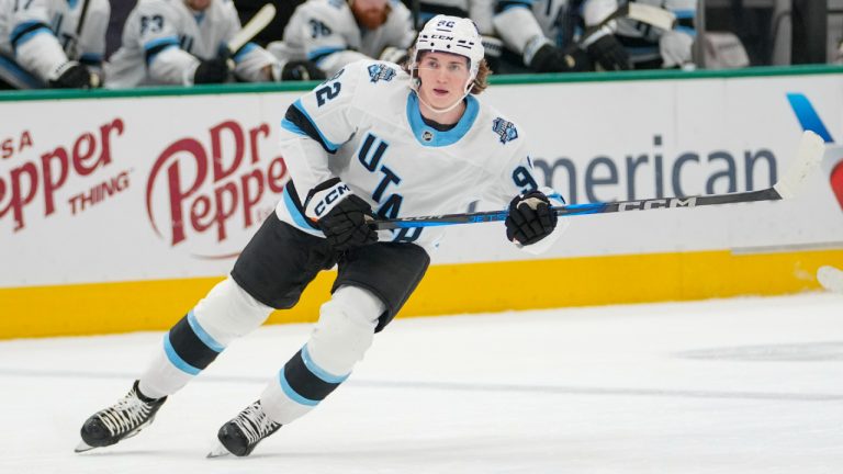 Utah Hockey Club center Logan Cooley skates against the Dallas Stars during the first period of an NHL hockey game, Saturday, Jan. 4, 2025, in Dallas. (Julio Cortez/AP)