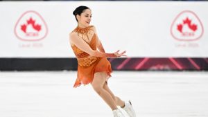 Madeline Schizas performs her short program in the women's competition at the Canadian National Skating Championships in Laval, Que., Saturday, January 18, 2025. (Graham Hughes/CP)