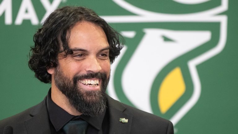 Edmonton Elks new head coach Mark Kilam speaks during a press conference in Edmonton on Monday December 2, 2024. (Jason Franson/CP)