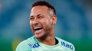 Brazil's Neymar laughs during a training session in Cuiaba, Brazil, Wednesday, Oct. 11, 2023. Brazil will face Venezuela in a World Cup 2026 qualifying soccer match on Thursday. (Andre Penner/AP)