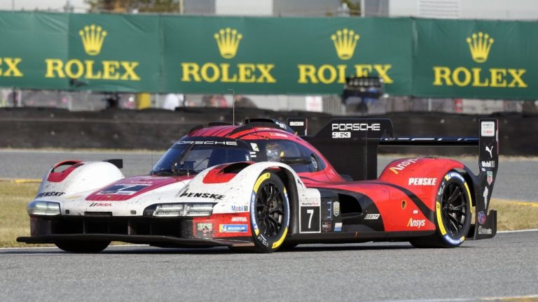 Laurens Vanthoor, of Belgium, comes out of a turn in the Porsche 963 during IMSA Rolex 24 hour auto race at Daytona International Speedway, Sunday, Jan. 26, 2025, in Daytona Beach, Fla. (John Raoux/AP)