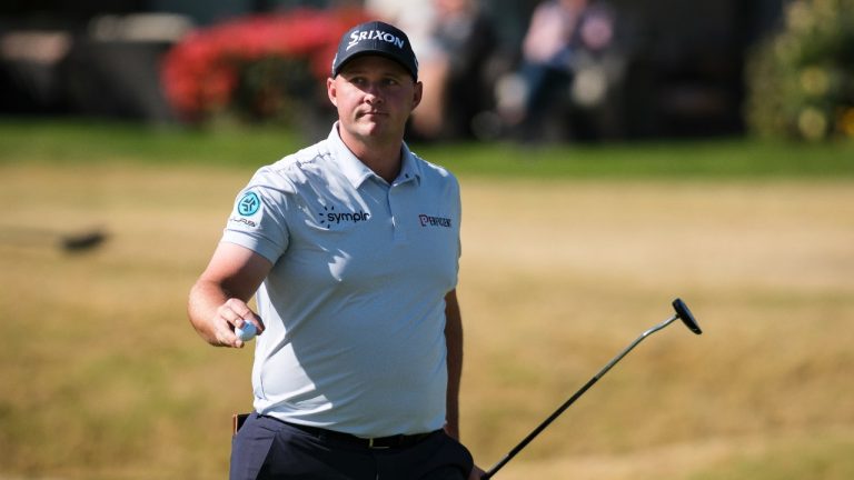 Sepp Straka reacts after making a birdie putt on the fourth hole at the Pete Dye Stadium Course during the final round of the American Express golf tournament in La Quinta, Calif., Sunday, Jan. 19, 2025. (William Liang/AP)