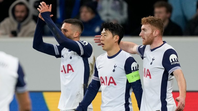 Tottenham's Son Heung-min celebrates after scoring his side's second goal during the Europa League soccer match between Hoffenheim and Tottenham at the PreZero Arena in Sinsheim, Germany, Thursday, Jan. 23, 2025. (Michael Probst/AP)
