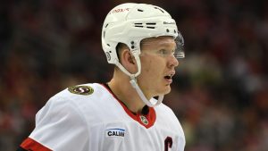 Ottawa Senators' Brady Tkachuk stands on the ice during the third period of an NHL hockey game against the New Jersey Devils Sunday, Jan. 19, 2025, in Newark, N.J. (Pamela Smith/AP)