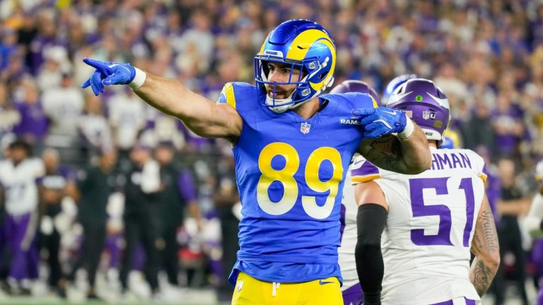 Los Angeles Rams tight end Tyler Higbee (89) celebrates a play during the first half of an NFL football game against the Minnesota Vikings, Monday, Jan. 13, 2025, in Glendale, Ariz. (Samantha Chow/AP)