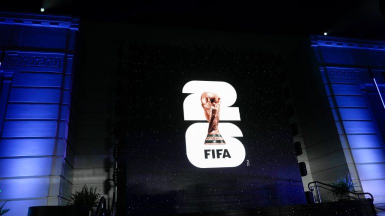 The logo for the 2026 World Cup is shown on a screen outside Griffith Observatory in Los Angeles on Wednesday, May 17, 2023. The 2026 World Cup will have just one official training facility in Toronto, consisting of a pitch and field house at Centennial Park in Etobicoke. (Jae C. Hong/AP)