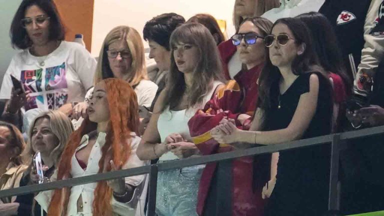 Ice Spice, from left, Taylor Swift, Este Haim and Alana Haim watch during the first half of the NFL Super Bowl 59 football game between the Kansas City Chiefs and the Philadelphia Eagles, Sunday, Feb. 9, 2025, in New Orleans. (Gerald Herbert/AP)