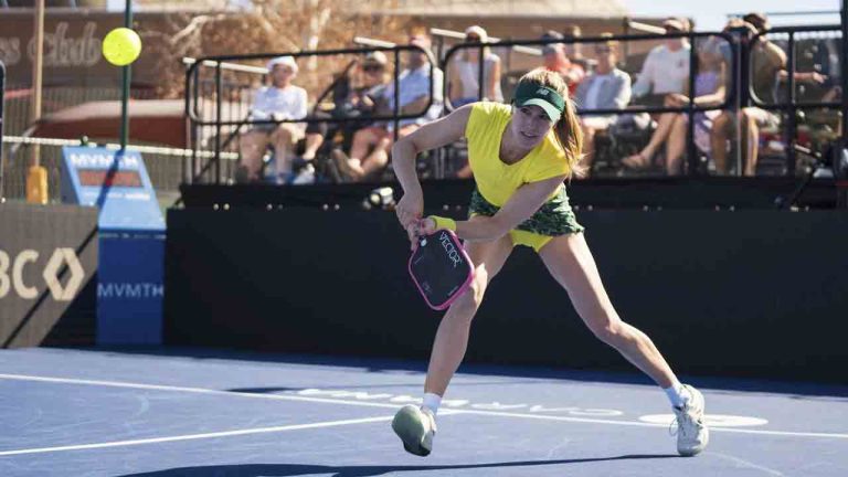 In this image provided by the Carvana PPA Tour, professional tennis player Eugenie Bouchard plays a shot during a pickleball match, Feb.. 6, 2025, in Tucson, Ariz. (Carvana PPA Tour via AP)