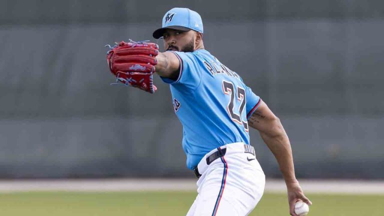 Miami Marlins pitcher Sandy Alcantara (22) throws during spring training baseball workouts for pitchers and catchers at Roger Dean Stadium in Jupiter, Fla., Wednesday, Feb. 12, 2025. (Matias J. Ocner/Miami Herald via AP)