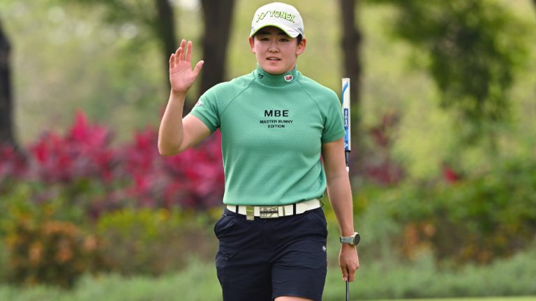 Akie Iwai of Japan reacts on the 16th green during the first round of the LPGA Honda Thailand golf tournament in Pattaya, southern Thailand, Thursday, Feb. 20, 2025. (Kittinun Rodsupan/AP)