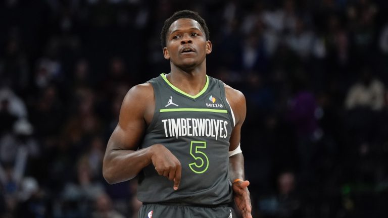 Minnesota Timberwolves guard Anthony Edwards gestures after making a three-point basket during the first half of an NBA game against the Houston Rockets, Thursday, Feb. 6, 2025, in Minneapolis. (AP/Abbie Parr)