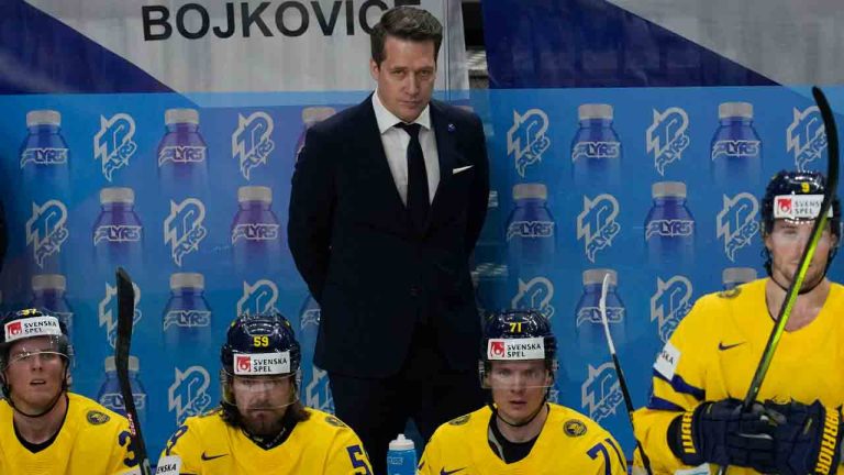 Sweden's head coach Sam Hallam looks out from the bench during the semi final match between Sweden and Czech Republic at the Ice Hockey World Championships in Prague, Czech Republic, Saturday, May 25, 2024. (Darko Vojinovic/AP)