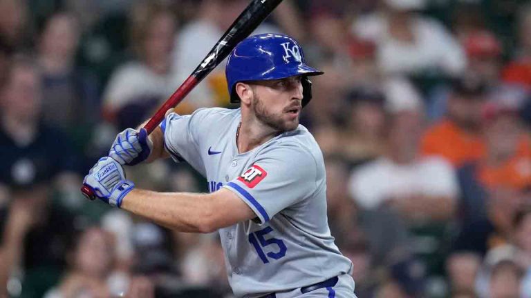 Kansas City Royals' Paul DeJong bats against the Houston Astros during the fourth inning of a baseball game Saturday, Aug. 31, 2024, in Houston. (Eric Christian Smith/AP)