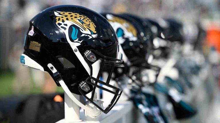 Jacksonville Jaguars helmets are viewed in the bench area against the Green Bay Packers during the first half of an NFL football game, Sunday, Oct. 27, 2024, in Jacksonville, Fla. (Phelan M. Ebenhack/AP)
