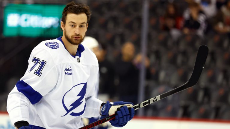 Tampa Bay Lightning center Anthony Cirelli during warm up of an NHL hockey game against the New Jersey Devils, Saturday, Jan. 11, 2025, in Newark, N.J. (AP Photo/Noah K. Murray)