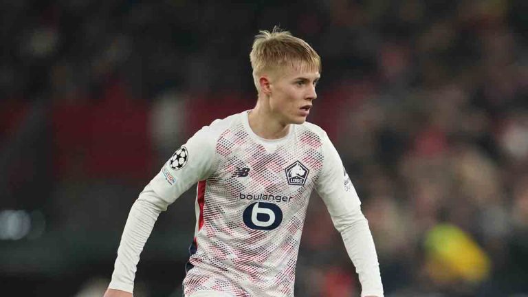 Lille's Hakon Arnar Haraldsson controls the ball during the Champions League, opening phase soccer match between Liverpool and Lille at Anfield Stadium, Liverpool, England, Tuesday, Jan.21, 2025. (Jon Super/AP)