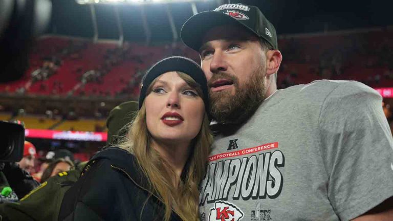 Kansas City Chiefs tight end Travis Kelce, right, is congratulated by Taylor Swift as they celebrate the Chiefs victory over the Buffalo Bills in the AFC Championship NFL football game, Sunday, Jan. 26, 2025, in Kansas City, Mo. (Charlie Riedel/AP)