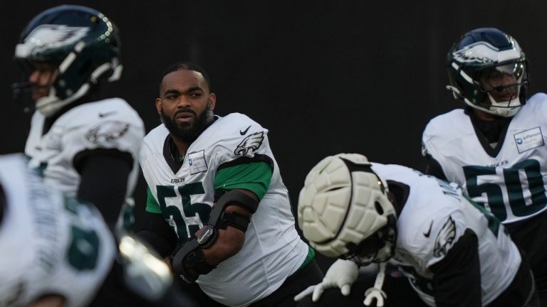 Philadelphia Eagles defensive end Brandon Graham (55) warms up during an NFL football practice in Philadelphia, Thursday, Jan. 30, 2025, ahead of Super Bowl LIX against the Kansas City Chiefs. (AP Photo/Matt Rourke)
