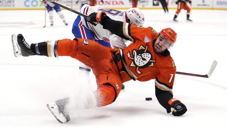 Anaheim Ducks centre Robby Fabbri, right, falls as he battles for the puck with Montreal Canadiens defenseman Lane Hutson during the third period, Sunday, Feb. 2, 2025, in Anaheim, Calif. (AP Photo/Mark J. Terrill)