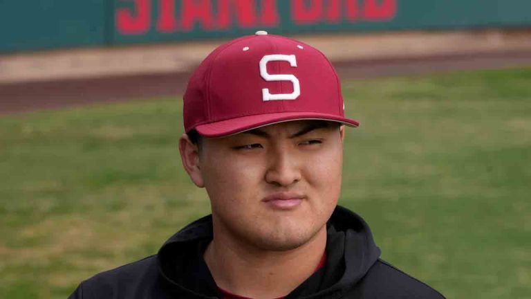 Stanford baseball player Rintaro Sasaki is interviewed at Stanford University in Stanford, Calif., Friday, Feb. 7, 2025. (Jeff Chiu/AP)