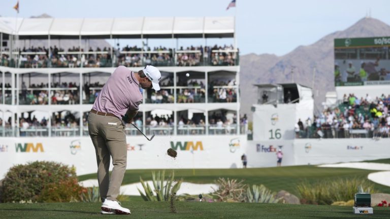Thomas Detry, of Belgium, hits his tee shot at the 16th hole during the third round of the Phoenix Open golf tournament at TPC Scottsdale Saturday, Feb. 8, 2025, in Scottsdale, Ariz. (AP Photo/Ross D. Franklin)