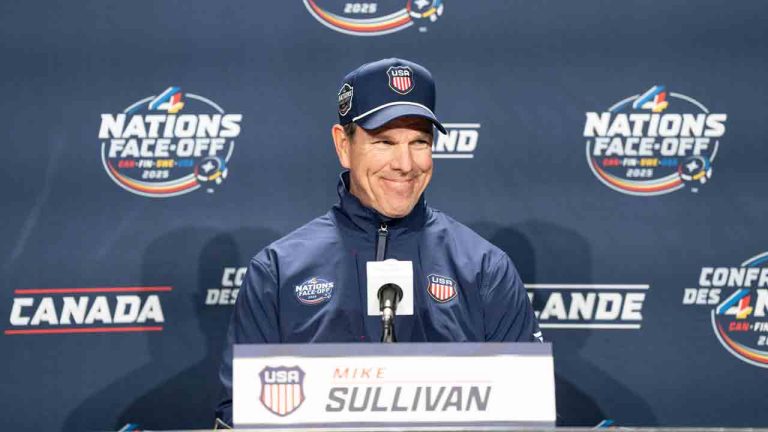 
HKO-4-Nations-United States 20250210
United States coach Mike Sullivan speaks to the media following a 4 Nations Face-Off hockey practice in Brossard, Que., on Monday, Feb. 10, 2025. (Christinne Muschi/CP)
