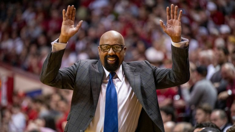 Indiana head coach Mike Woodson gestures toward an official during the second half of an NCAA college basketball game against Purdue, Sunday, Feb. 23, 2025, in Bloomington, Ind. (Doug McSchooler/AP Photo)