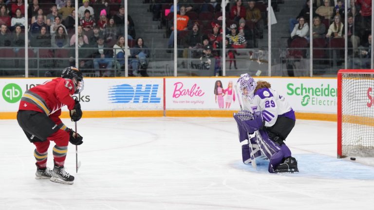 Ottawa Charge's Gabbie Hughes (17) scores against Minnesota Frost goaltender Nicole Hensley (29) during first period PWHL hockey action in Ottawa, on Thursday, February 13, 2025. THE CANADIAN PRESS/Chris Tanouye