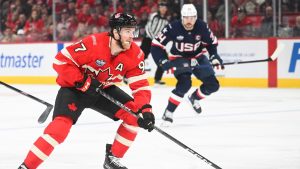 Canada's Connor McDavid (97) skates on his way to scoring against the United States during first period 4 Nations Face-Off hockey action in Montreal, Saturday, February 15, 2025. (Graham Hughes/CP)