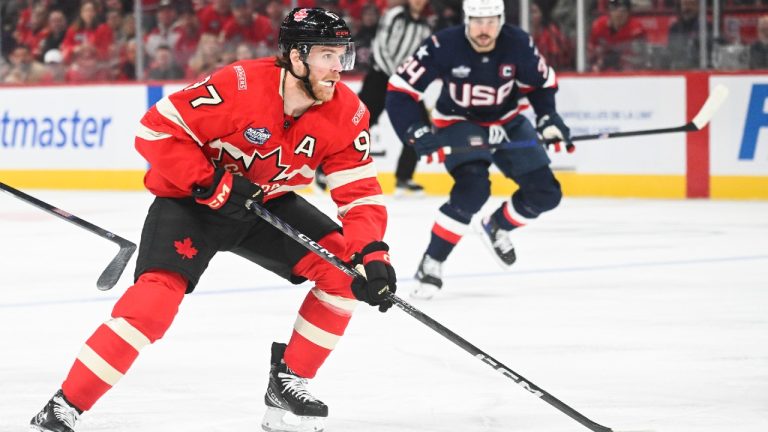 Canada's Connor McDavid (97) skates on his way to scoring against the United States during first period 4 Nations Face-Off hockey action in Montreal, Saturday, Feb. 15, 2025. (Graham Hughes/CP)